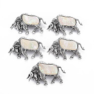 Cow Alloy Brooch, Natural White Shell Lapel Pin with Loop for Backpack Clothes Pendant Jewelry, Cadmium Free & Lead Free, Antique Silver, PapayaWhip, 33x54x9.5mm, Hole: 7x4.5mm, Pin: 0.7mm(PALLOY-N166-002-A01-RS)