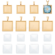 DIY Blank Square Pendant Making Kit, Including 304 Stainless Steel Pendant Cabochon Settings, Glass Cabochons, Golden, 16Pcs/box(DIY-UN0005-44)