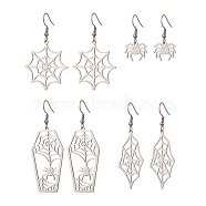 4 Pair 4 Style Spider & Coffin & Web 201 Stainless Steel Dangle Earrings, 304 Stainless Steel Jewelry for Halloween, Stainless Steel Color, 30~63mm, Pin: 0.7mm, 1 Pair/style(EJEW-JE05238)
