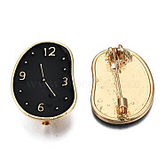 Twist Clock Enamel Pin, Light Gold Plated Alloy Brooch for Backpack Clothes, Nickel Free & Lead Free, Black, 30.5x22mm, Pin: 0.7mm(JEWB-N007-137)