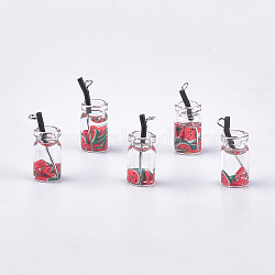 Glass Bottle Pendants, with Resin, Plastic and Iron Findings, Fruit Tea Charms, Platinum, Red, 25~28x10mm, Hole: 1.8mm(CRES-N017-06B)