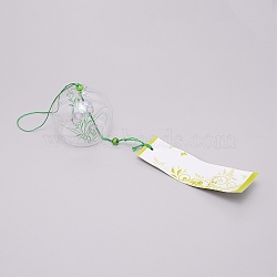 Japanese Round Painting Glass Wind Chimes, with Polyester Cord, Plastic Beads, Rectangle Paper Card, Flower Pattern, 400mm(CF-TAC0001-05A)