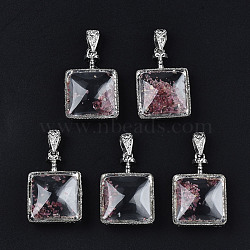 Transparent Glass Square Pendants, with Druzy Agate Chip Beads Inside and Brass Findings, Platinum, Deep Pink, 39x27x14mm, Hole: 9mm(GLAA-S199-006)