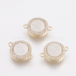 Natural Druzy Agate Links connectors, with Brass Finding and Cubic Zirconia, Flat Round, Golden, AB Color Plated, 15.5~16x11x4mm, Hole: 1.2mm(KK-G343-03F)