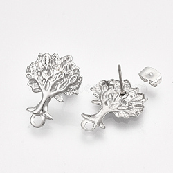 Non-Tarnish 304 Stainless Steel Stud Earring Findings, with Loop and Ear Nuts/Earring Backs, Tree, Stainless Steel Color, 22x17mm, Hole: 2mm, Pin: 0.8mm(STAS-T045-18P)