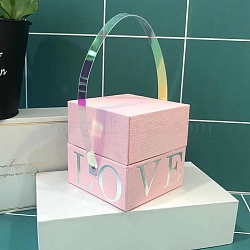 Square Love Print Cardboard Paper Gift Box, Wedding Candy Totes with Imitation Leather Handle, Pink, 10.2x10.2x10cm(CON-G019-01D)