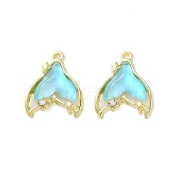 Rack Plating Alloy Pendants, with Rhinestone and Glass, Fishtail, Cyan, 17x14x5mm, Hole: 1.2mm(FIND-C062-07G-08)