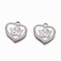 304 Stainless Steel Angel Pendants, Heart with Cupid/Cherub, Stainless Steel Color, 15x15x2mm, Hole: 1.6mm(X-STAS-G218-07P)