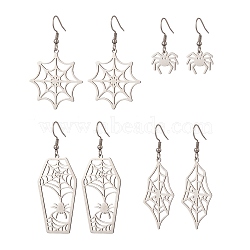 Non-Tarnish 4 Pair 4 Style Spider & Coffin & Web 201 Stainless Steel Dangle Earrings, 304 Stainless Steel Jewelry for Halloween, Stainless Steel Color, 30~63mm, Pin: 0.7mm, 1 Pair/style(EJEW-JE05238)