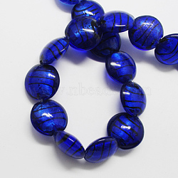 Handmade Silver Foil Glass Beads, Flat Round, Blue, 20x20x5mm, Hole: 3mm(X-FOIL-R055-8)