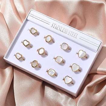 Shell Oval Heart Square Finger Rings, 304 Stainless Steel Cuff Rings, Real 18K Gold Plated, Ion Plating(IP), Real 18K Gold Plated, Inner Diameter: Adjustable, 12pcs/set