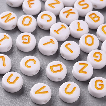 Opaque White Acrylic Beads, with Enamel, Horizontal Hole, Flat Round with Random Initial Letter, Orange, 9.5x4.5mm, Hole: 2mm, about 537pcs/170g