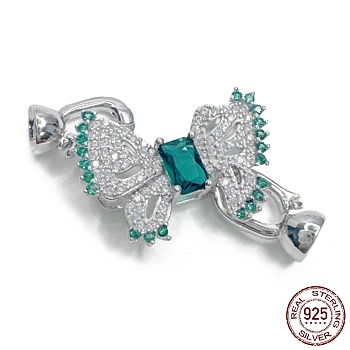 925 Sterling Silver Micro Pave Teal Cubic Zirconia Fold Over Clasps, Bowknot, Real Platinum Plated, 35mm, Hole: 4mm