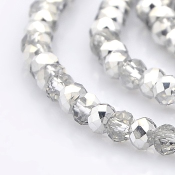 Half Plated Faceted Rondelle Electroplate Clear Glass Beads Strands, Silver Plated, 4x3mm, Hole: 1mm, about 120pcs/strand, 16 inch