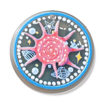 Acrylic Pendants, Flat Round with Ocean Theme Pattern, Hot Pink, 34.5x2mm, Hole: 2mm