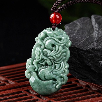 Natural Jadeite Pendant Necklaces, with Resin Bead and Wax Rope, the 12 Chinese Zodiac, Dragon, 27.56 inch(70cm), Pendant: 33.5x21.5mm