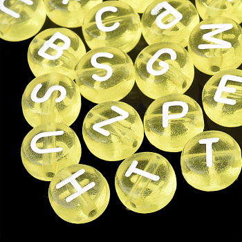 Transparent Acrylic Beads, Horizontal Hole, Mixed Letters, Flat Round, Yellow, 7x4mm, Hole: 1.5mm, about 3700pcs/500g