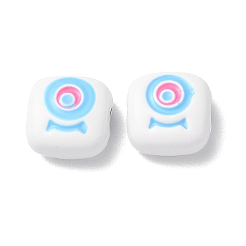 Spray Painted Alloy Enamel Beads, Square with Eye, White, 10x10x4mm, Hole: 1.8mm
