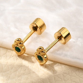 Ion Plating(IP) 304 Stainless Steel Carrot Stud Earrings, with Rhinestone, Real 14K Gold Plated, Fern Green, 6x4mm