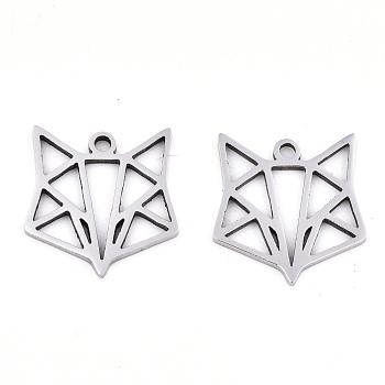 201 Stainless Steel Pendants, Laser Cut, Geometric Fox, Origami Fox, Stainless Steel Color, 15x14x0.9mm, Hole: 1.4mm