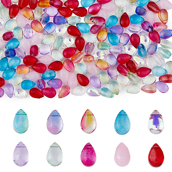 HOBBIESAY 200Pcs 10 Colors Transparent & Imitation Jade Glass Beads, Top Drilled Beads, Teardrop, Mixed Color, 9x6x5mm, Hole: 1mm, 20Pcs/color