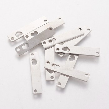 201 Stainless Steel Links connectors, Rectangle with Heart, Stainless Steel Color, 24.8x4.8x1mm, Hole: 1.5mm