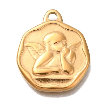 Ion Plating(IP) 304 Stainless Steel Pendants, Flat Round with Angel Charm, Real 18K Gold Plated, 21x18x2mm, Hole: 2mm