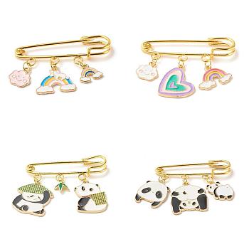 4Pcs 4 Style Rainbow & Panda Charm Enamel Brooch Pin, Alloy Safety Pin for Scarves Sweater, Golden, Colorful, Mixed Color, 35~46x50mm, 1pc/style
