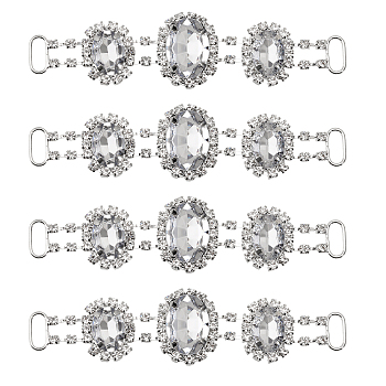4Pcs Silver Plated Brass Rhinestone Connector Charms, Oval Links Ornament for Bikini Decoration, Crystal, 23x95x6.5mm, Hole: 10x4mm
