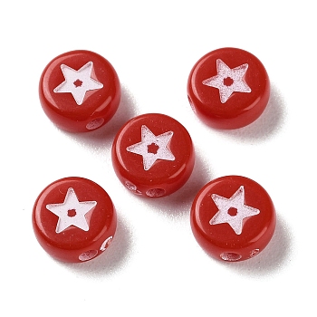 Spray Printed Opaque Acrylic Beads, Flat Round & Star, Red, 7x3.5mm, Hole: 1.4mm, about 4000pcs/500g