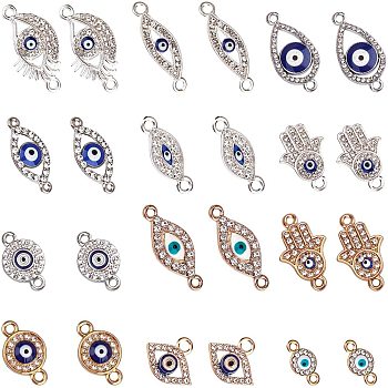 Alloy Links, with Crystal Rhinestone and Enamel, Mixed Shapes, Mixed Color, 13.5~27x7.5~14.5mm, Hole: 1.4~2mm,  2pcs/shape, 24pcs/box, Container: 25.5x8x3.5mm