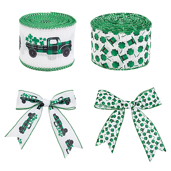 Nbeads Polyester Ribbon, Single Face Car & Clover Pattern, for Gift Wrapping, Floral Bows Crafts Decoration, Mixed Patterns, 2-1/2 inch(63mm), about 10yards/roll(9.14m/roll), 2patterns, 1roll/pattern, 2rolls/set