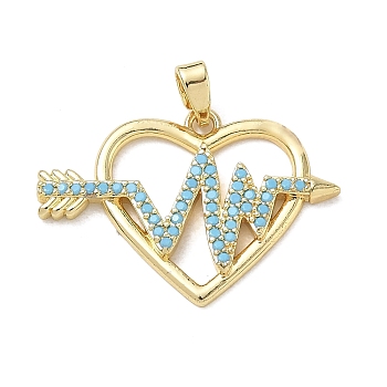Brass with Turquoise Rhinestone Pendants, Heart with Heartbeat Arrow Charms, Golden, 18.5x26x2.5mm, Hole: 4.5x2.5mm