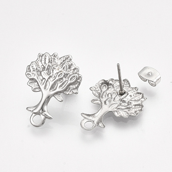 304 Stainless Steel Stud Earring Findings, with Loop and Ear Nuts/Earring Backs, Tree, Stainless Steel Color, 22x17mm, Hole: 2mm, Pin: 0.8mm