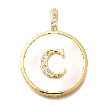 Rack Plating Brass Micro Pave Clear Cubic Zirconia Pendants with Shell, Letter Series Charms, Long-Lasting Plated, Lead Free & Cadmium Free, Letter C, 32x24x3.5mm, Hole: 6x3mm