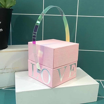 Square Love Print Cardboard Paper Gift Box, Wedding Candy Totes with Imitation Leather Handle, Pink, 10.2x10.2x10cm