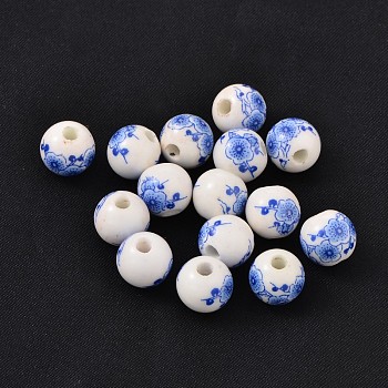 Handmade Blue and White Porcelain Beads, Round, Blue, about 10mm in diameter, hole: 2.5mm
