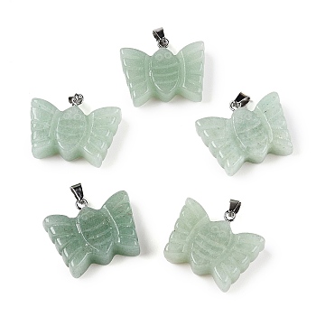 Natural Green Aventurine Carved Butterfly Pendants, Insect Charms with Platinum Plated Metal Snap on Bails, 19~20x24~25.5x6.5~7mm, clasp: 6.5x3x3.5~4mm