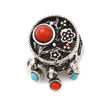 Tibetan Style Alloy Resin European Beads, Flat Round Large Hole Beads with Flower, Antique Silver, 18x11.5x11mm, Hole: 5mm