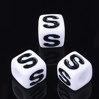 Acrylic Horizontal Hole Letter Beads, Cube, Letter S, White, Size: about 7mm wide, 7mm long, 7mm high, hole: 3.5mm, about 68pcs/17g