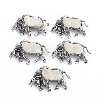 Cow Alloy Brooch, Natural White Shell Lapel Pin with Loop for Backpack Clothes Pendant Jewelry, Cadmium Free & Lead Free, Antique Silver, PapayaWhip, 33x54x9.5mm, Hole: 7x4.5mm, Pin: 0.7mm