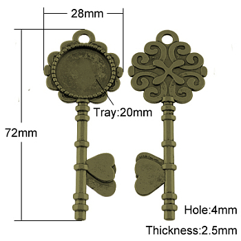 Tibetan Style Pendant Cabochon Settings, Cadmium Free & Nickel Free & Lead Free, Key, Antique Bronze, 72x28x2.5mm, Hole: 4mm, Tray: 20mm