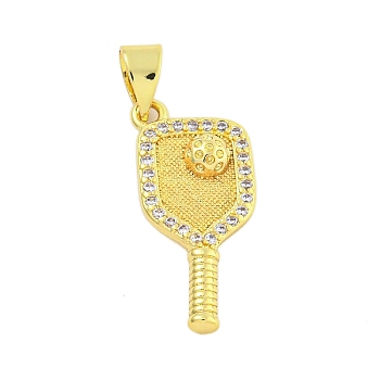 Rack Plating Brass Micro Pave Clear Cubic Zirconia Pendants, Cadmium Free & Lead Free, Long-Lasting Plated, Racket & Ball, Real 18K Gold Plated, 21x9.5x3mm, Hole: 5x3mm