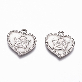 304 Stainless Steel Angel Pendants, Heart with Cupid/Cherub, Stainless Steel Color, 15x15x2mm, Hole: 1.6mm