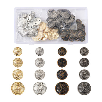 64Pcs 16 Style Brass Shank Buttons, Flat Round with Flower Pattern, Mixed Color, 4pcs/Style