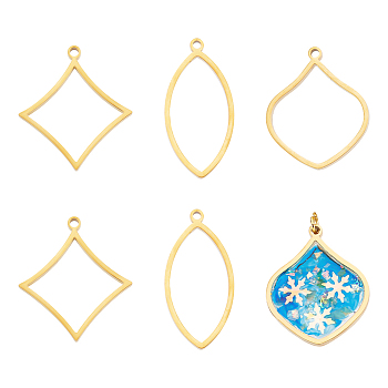 6Pcs 3 Styles 304 Stainless Steel Open Back Bezel Pendants, For DIY UV Resin, Epoxy Resin, Pressed Flower Jewelry, Flower Petals & Rhombus & Oval, Real 24K Gold Plated, 33.5~38x19~31x3mm, Hole: 2mm, 2pcs/style