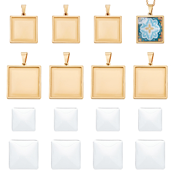 DIY Blank Square Pendant Making Kit, Including 304 Stainless Steel Pendant Cabochon Settings, Glass Cabochons, Golden, 16Pcs/box