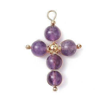 Natural Amethyst Pendants, with  Copper Wire, Cross, 33x22x6.5mm, Hole: 3x3.5mm