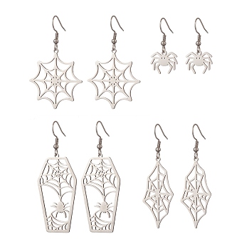 4 Pair 4 Style Spider & Coffin & Web 201 Stainless Steel Dangle Earrings, 304 Stainless Steel Jewelry for Halloween, Stainless Steel Color, 30~63mm, Pin: 0.7mm, 1 Pair/style