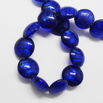 Handmade Silver Foil Glass Beads, Flat Round, Blue, 20x20x5mm, Hole: 3mm